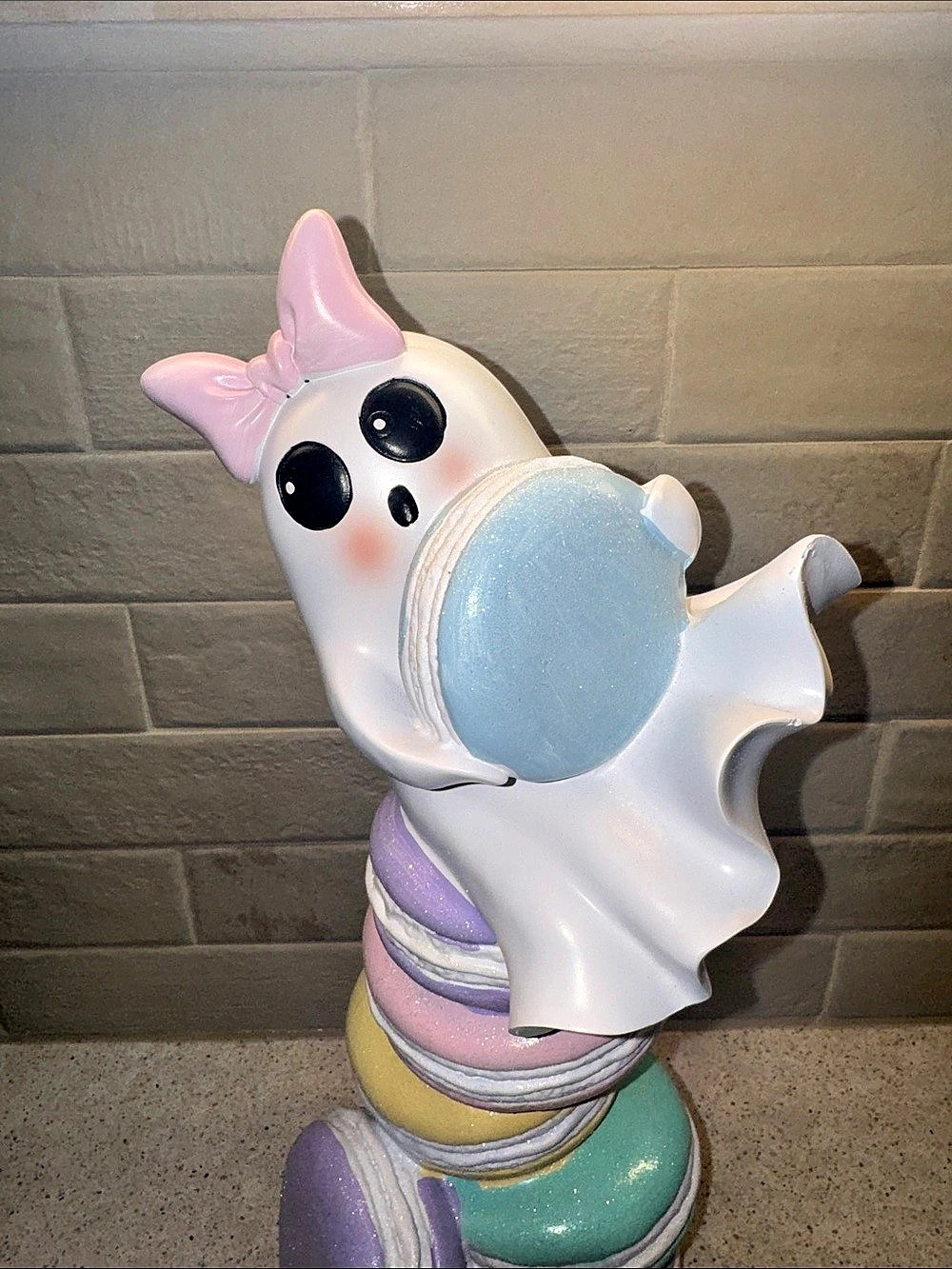 Halloween Ghost with Pink Bow a top Pastel Glitter Macaron Stack Figurine - Picture 2 of 8